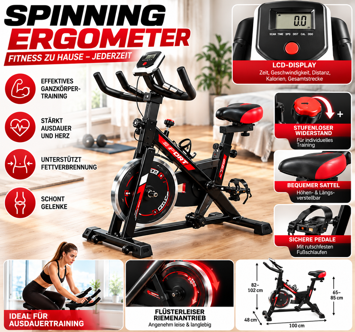 Spinning Bike Ergometer Heimtrainer Fitness Fahrrad – Indoor Cycling mit LCD-Display, verstellbarem Sattel & Lenker, bis 120 kg