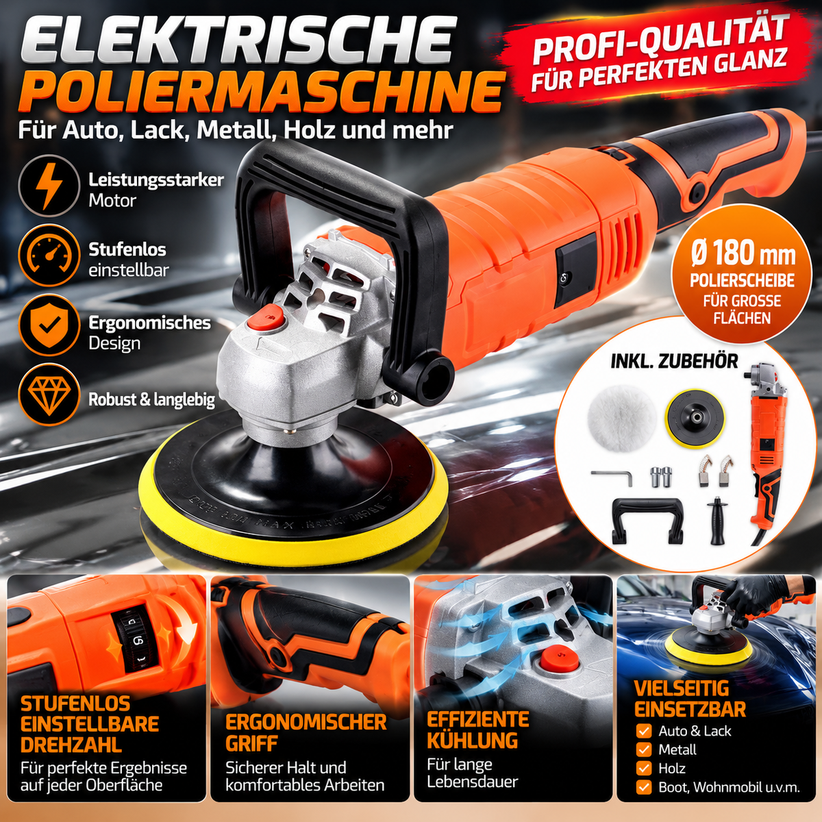 Elektrische Poliermaschine Auto Autopolierer 1200W Lackaufbereitung Polierteller & Zubehör