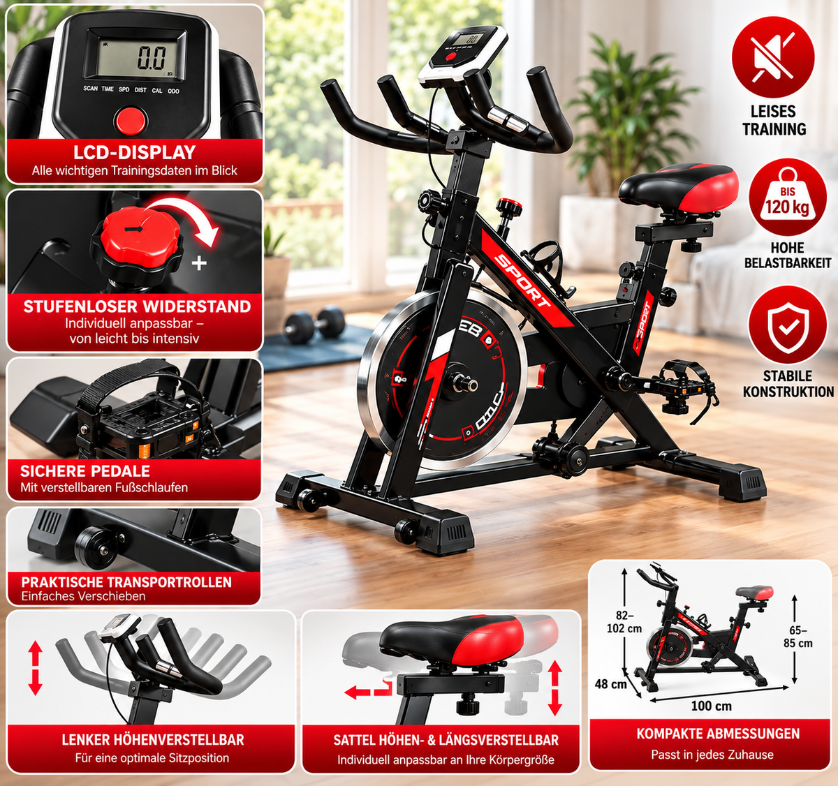 Spinning Bike Ergometer Heimtrainer Fitness Fahrrad – Indoor Cycling mit LCD-Display, verstellbarem Sattel & Lenker, bis 120 kg